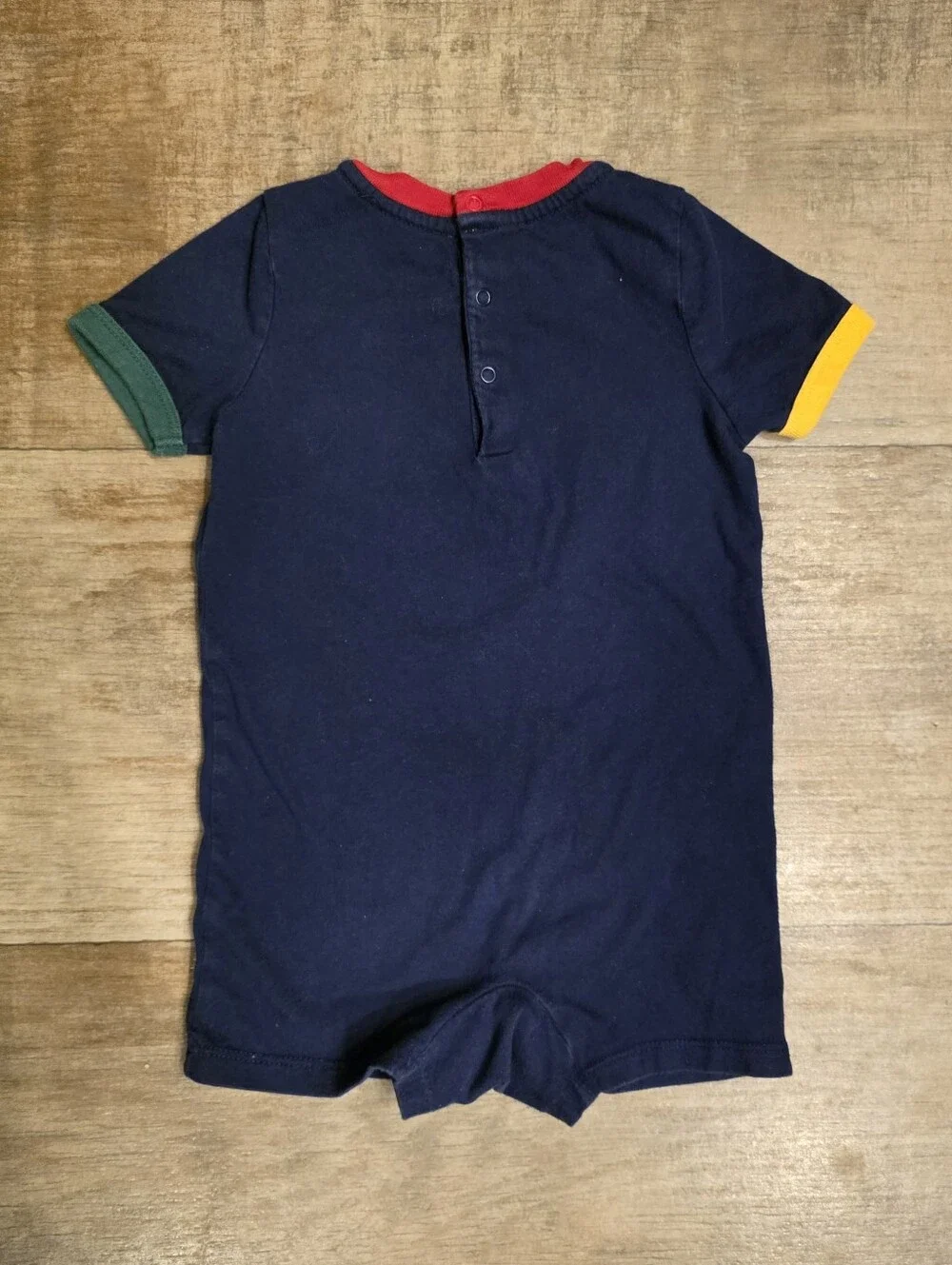 Baby Ralph Lauren Navy Blue Romper with Polo Bear and Red, Yellow, Green Trim